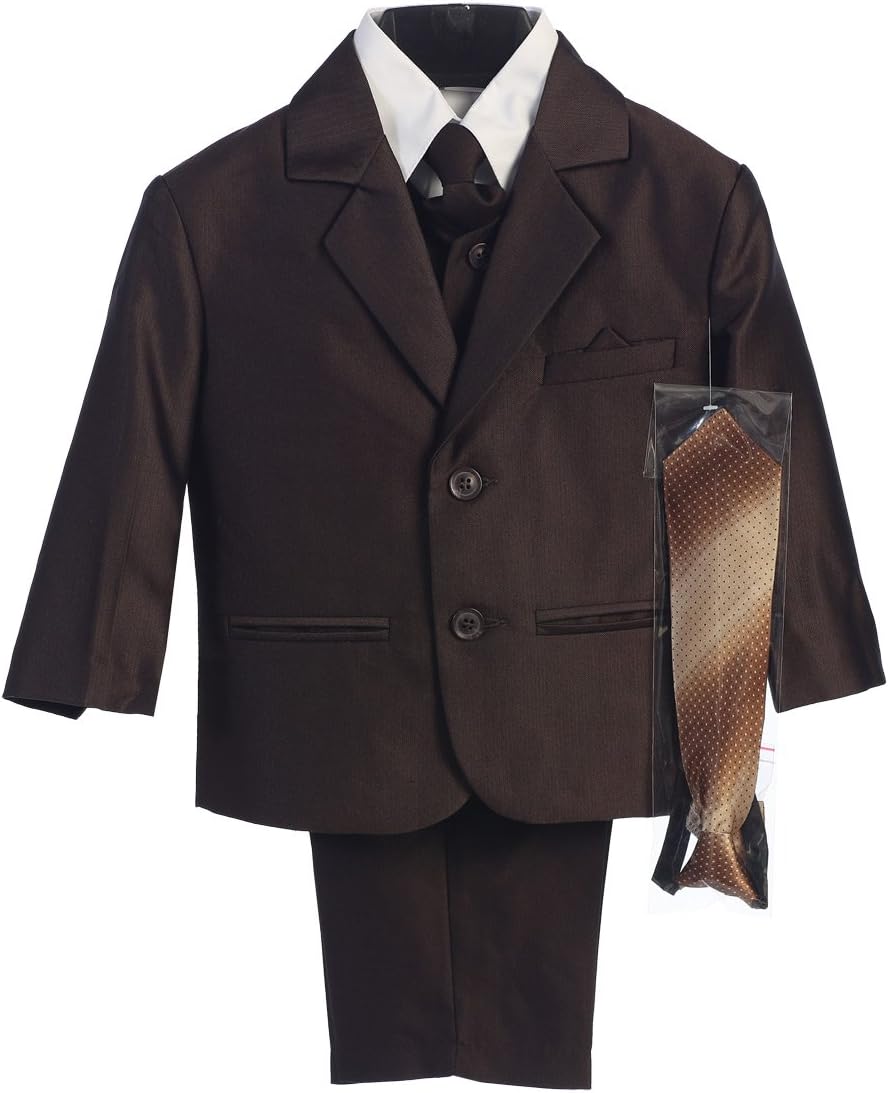 Boy's 2-Button Herringbone Suit with Vest and 2 Ties - Brown 6