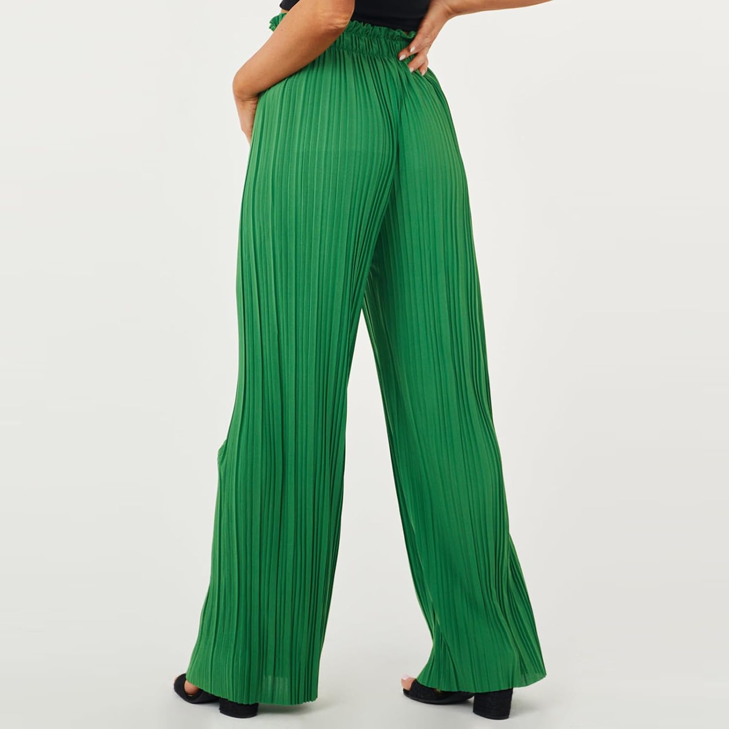 Womens Wide Leg Pants High Waisted Casual Pants Loose Fit Drawstring Elastic Waist Ankle Pants with Pockets