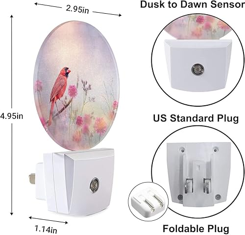 Miniatura 3 de Luces nocturnas con forma de pájaro rosa enchufables a la pared, cardenal del norte en primavera, flores de jardín, luz nocturna, sensor de