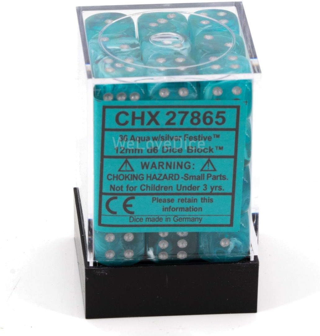 DND Dice Set-Chessex D&D Dice-12mm Cirrus Aqua and Silver Plastic Polyhedral Dice Set- for Dungeons and Dragons Dice Includes 36 Dice – D6 (CHX27865)