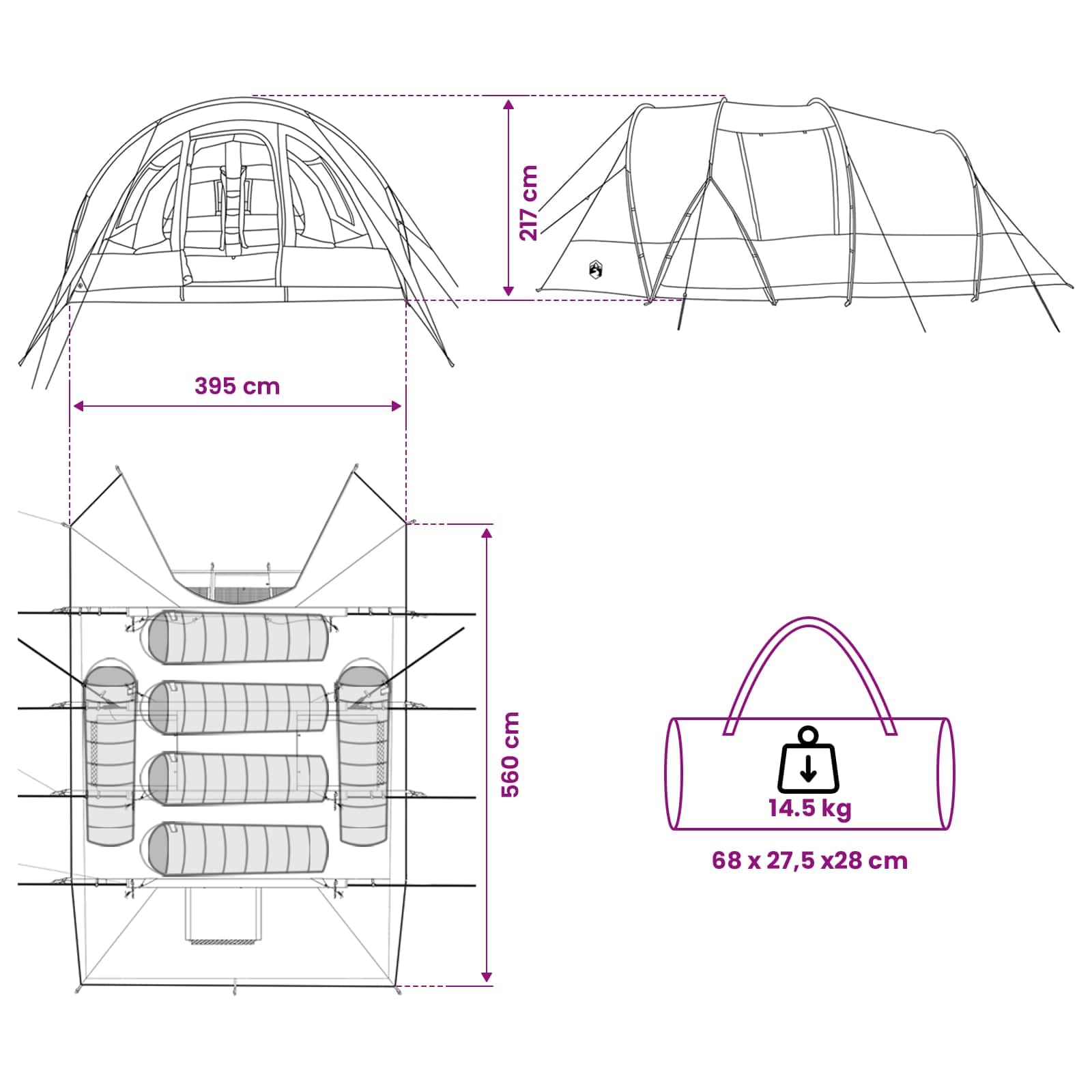 Namiot tunelowy, szary, pomarańczowy, 560 x 395 x 212 cm, tunel, 185T, poliester, powłoka PU, wodoszczelny namiot kempingowy dla rodziny, 22,12 m² do wnętrza