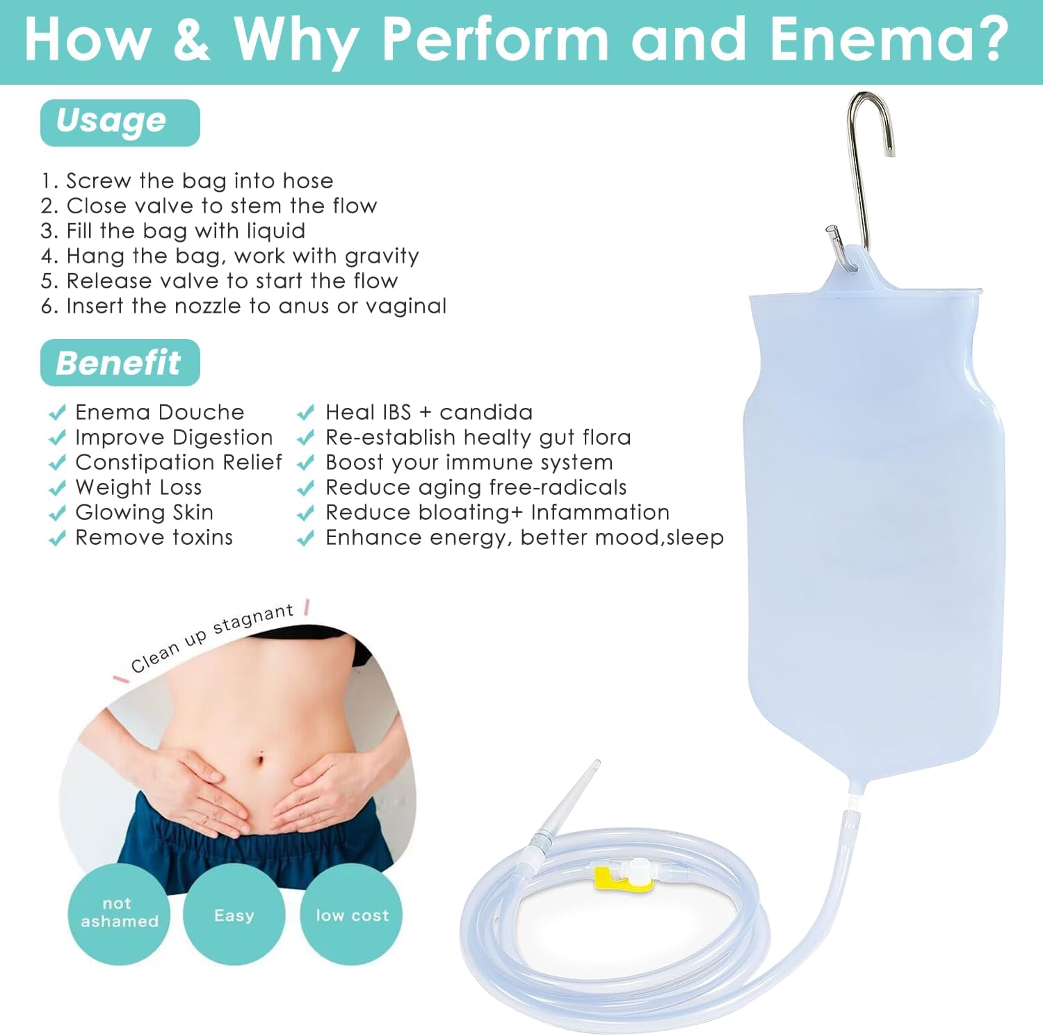 2L Enema Bucket Kit Colon Cleansing Silicone Enema Bag for Women Men 6Pcs Enema Nozzle Tips Colon Tube Hose Replacement, Clear Enema Kit Coffee Sealable Hot Water Bottle Shower Adult Kids Constipation