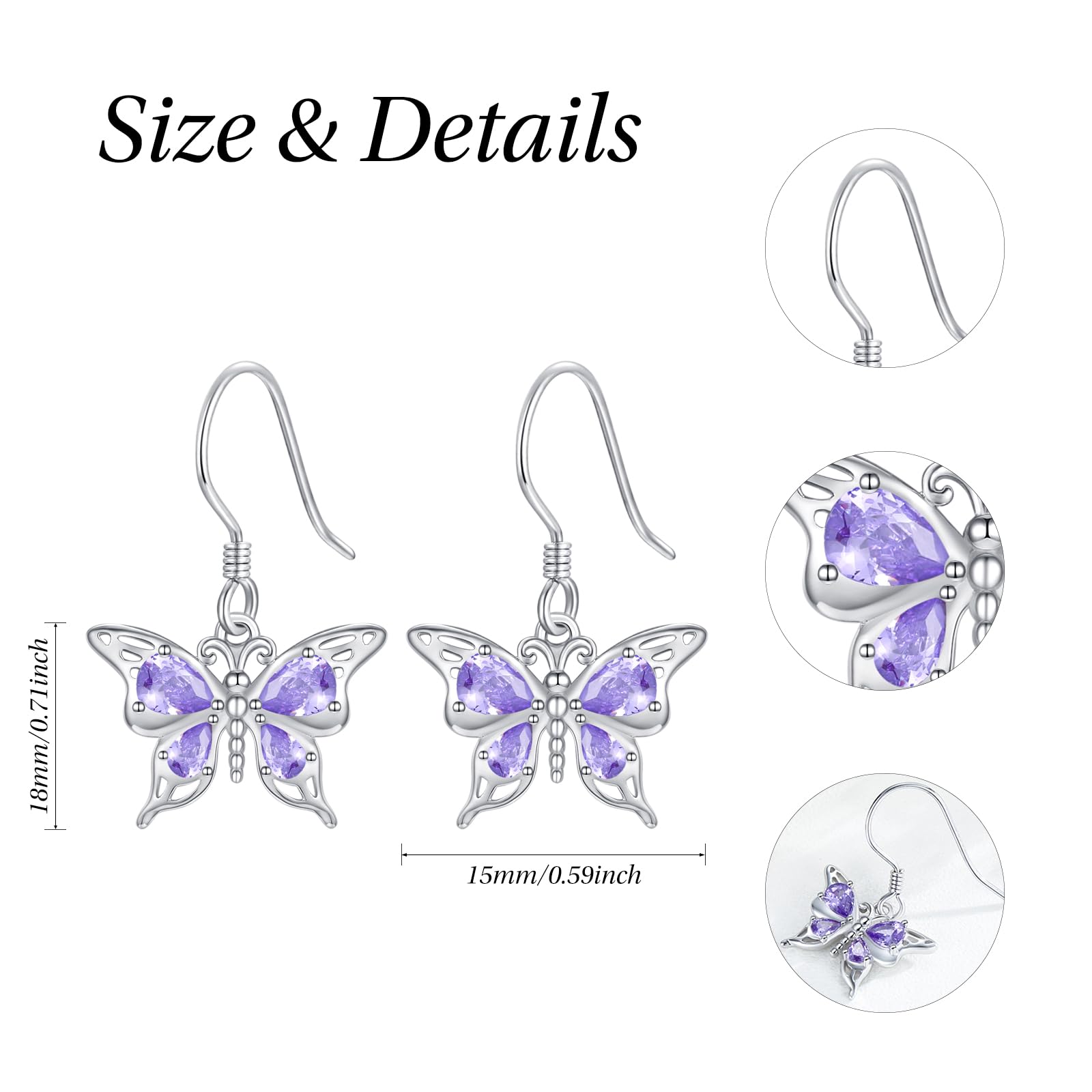 KINGWHYTE Pendientes de mariposa para mujer, plata de ley 925, cristal morado, joyería de mariposa, regalo de cumpleaños para mujeres, niñas, mamá e hija, Plata de ley Plata, Crystal