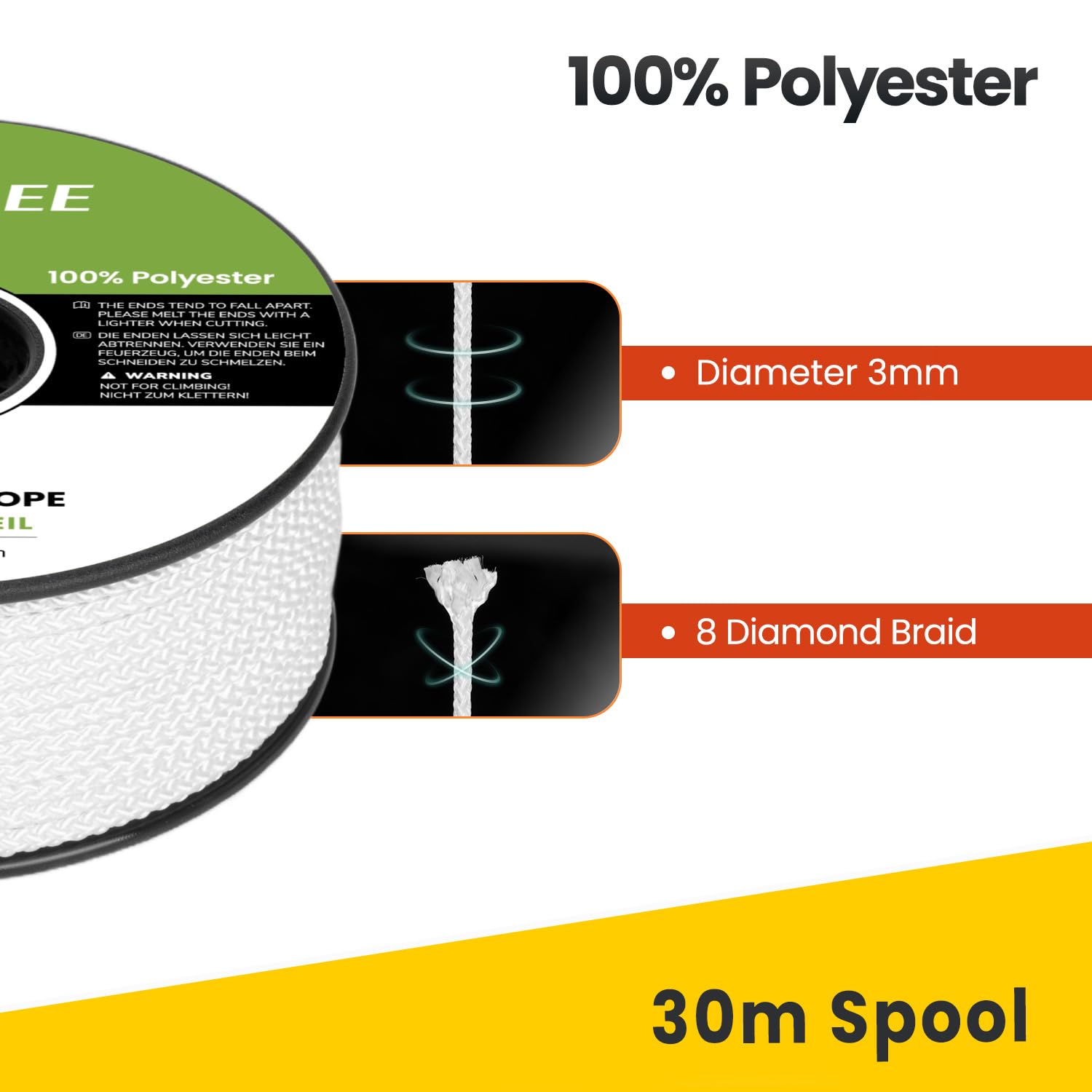 Brotree Polyester Rope 3mm x 30m White - Diamond Braided Rope Cord Low Stretch - 100KG Breaking Load - Image 4