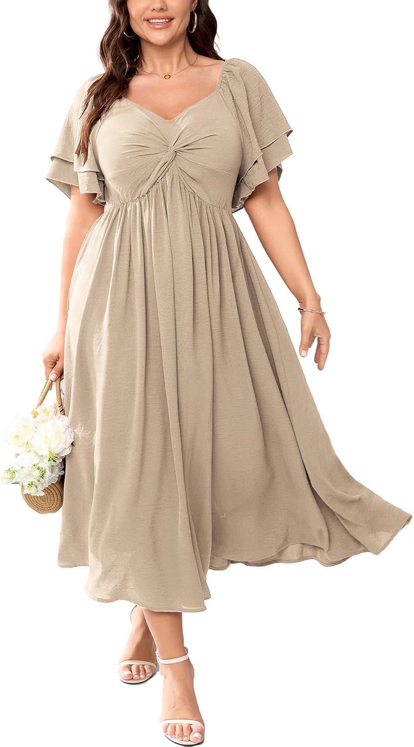 SCOMCHIC Women's Plus Size Wedding Guest Cocktail Dresses Sweetheart Neckline Ruffle Sleeve A Line Maxi Dress