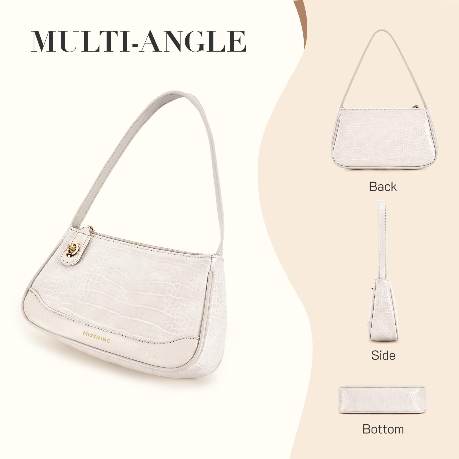 Missnine Shoulder Bag for Women Small Purse Trendy Clutch Hobo Bag Vegan Leather Mini Handbag with Zipper Closure