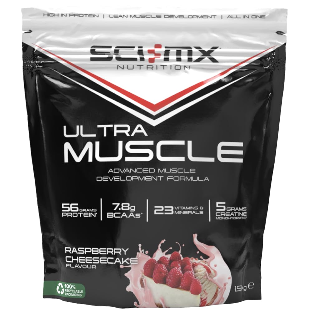 Ultra Muscle - Protein Powder for Muscle Development + 23 Vitamins & Minerals - Raspberry Cheesecake • 56g Protein + 5g Creatine + 7.8g BCAAs per Serving • 1.5kg