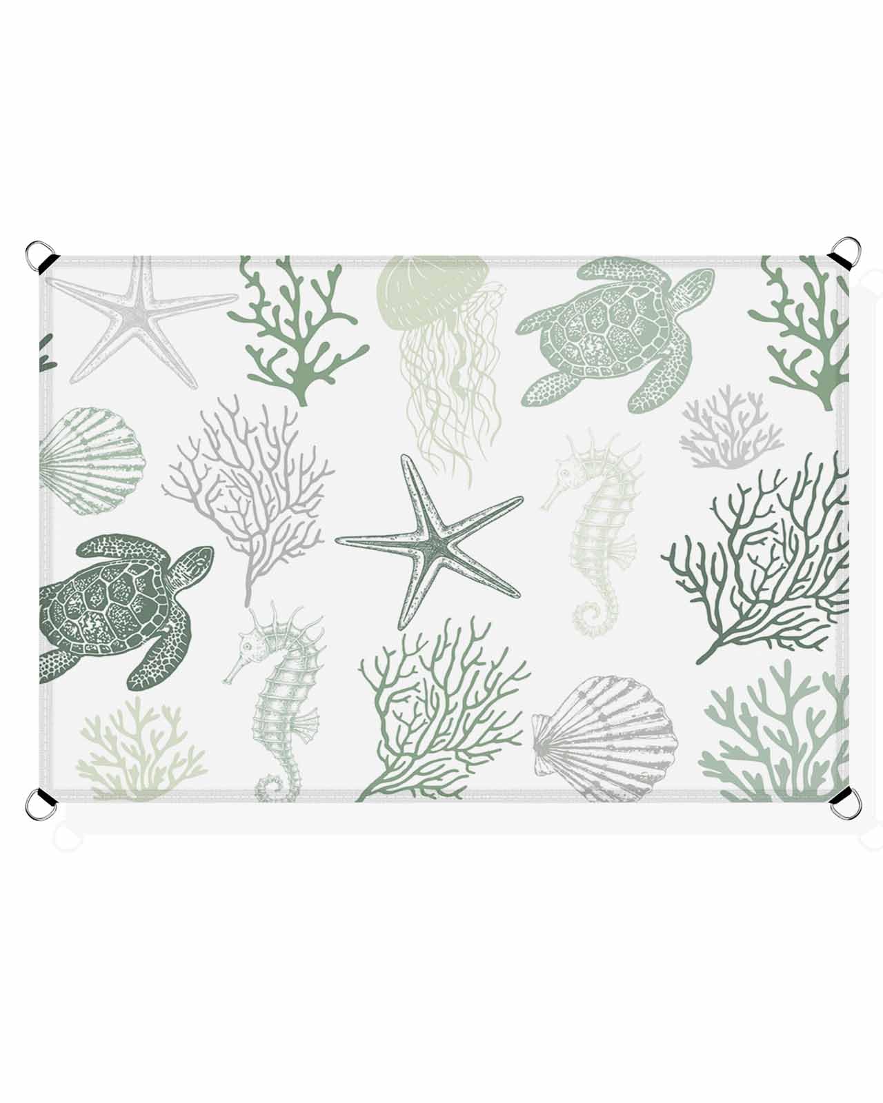 Sage Green Coastal Turtle Sun Sail Shades Rectangle Canopy,Sunlight Block Heavy Duty Curved Backyard Shade Cover,Waterproof Sun Shades for Patio Outdoor,12'x16' Starfish Jellyfish Coral Shell Seahorse