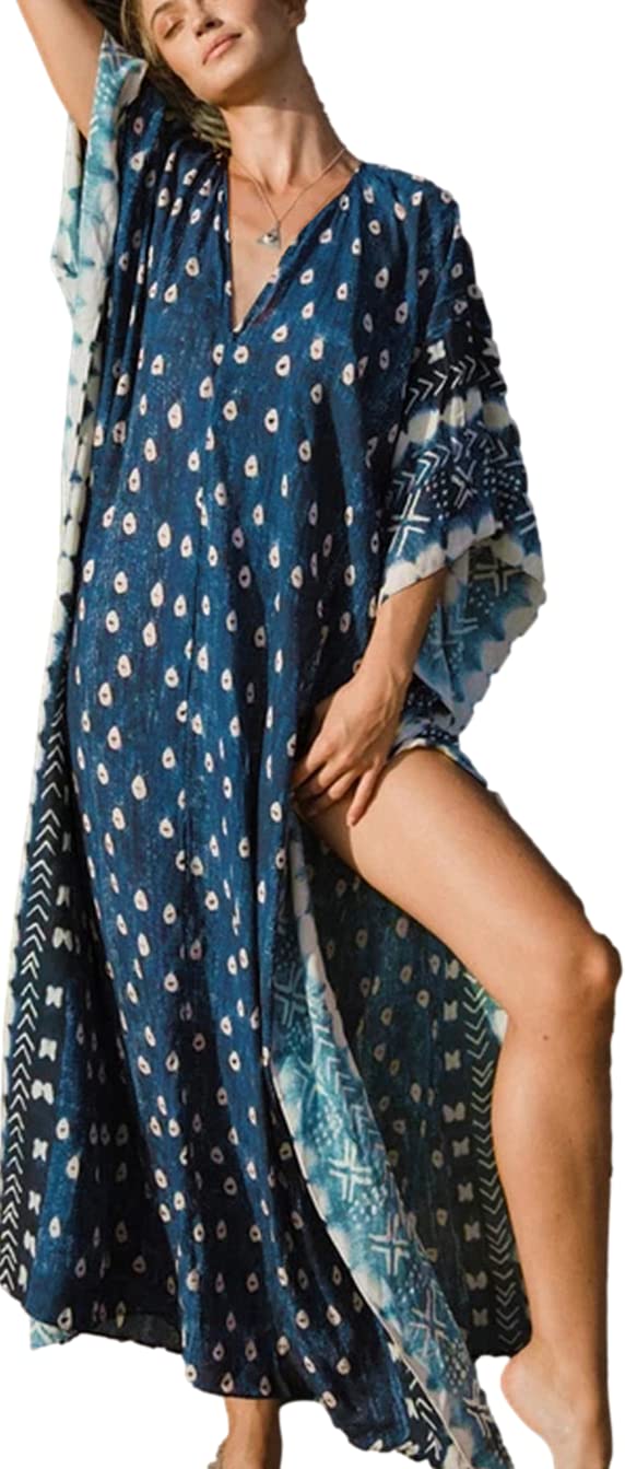 Beach Cover-ups Womens Wave Point V-Neck Caftans Rayon Ethnic Print Plus Size Caftan Over-Sized Half-Sleeve Kaftan