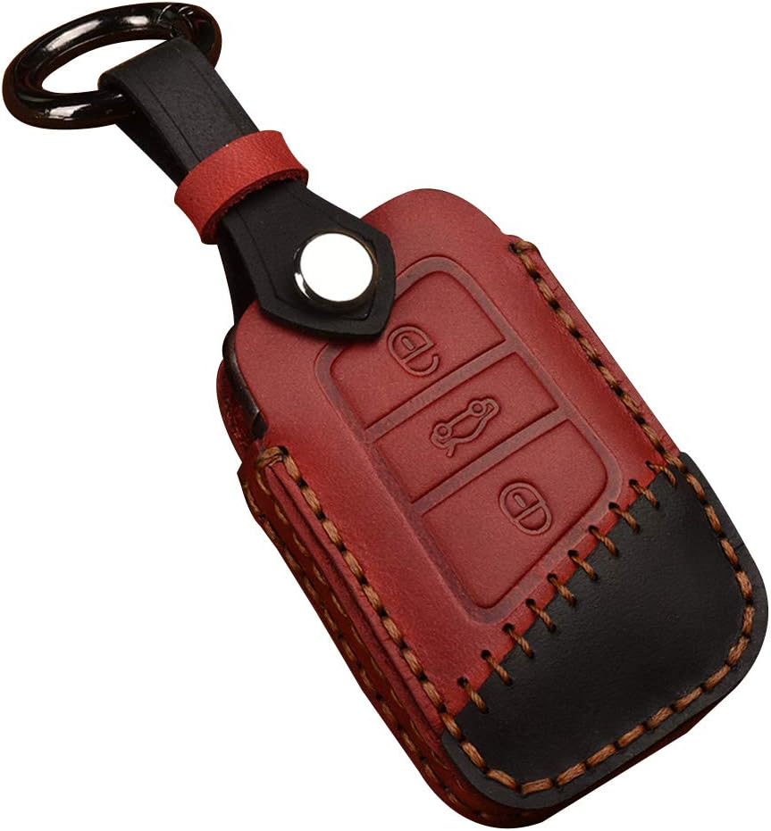 XITER Keyless Entry Remote Cover Leather Key Fob Case+Key Chain Ring For VW Passat Tiguan Atlas Golf Alltrack Jetta Skoda Superb A7 Skoda Skoda Kodiaq (BROWN)