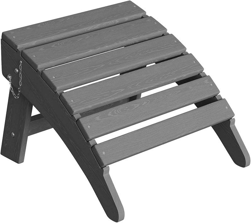Folding Adirondack Ottoman, HDPE Footrest for Oudoor Chair, Grey | All-Weather & Wood Textured for Deck Patio Outside Poolside Porch Lawn