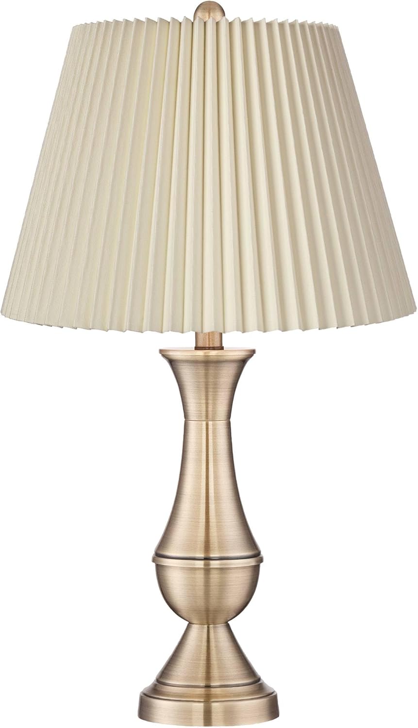 Regency Hill Becky Traditional Candlestick Table Lamps 24 3/4" Tall Set of 2 Antique Brass Gold Metal Ivory Linen Pleat Shade for Bedroom Living Room Bedside Nightstand House Home Office