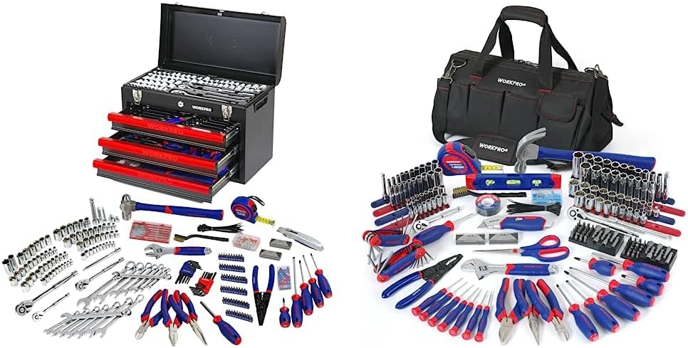 WORKPRO 408-Piece Mechanics Tool Set with 3-Drawer Heavy Duty Metal Box, W009044A & W009037A 322-Piece Home Repair Hand Tool Kit Basic Household Tool Set with Carrying Bag
