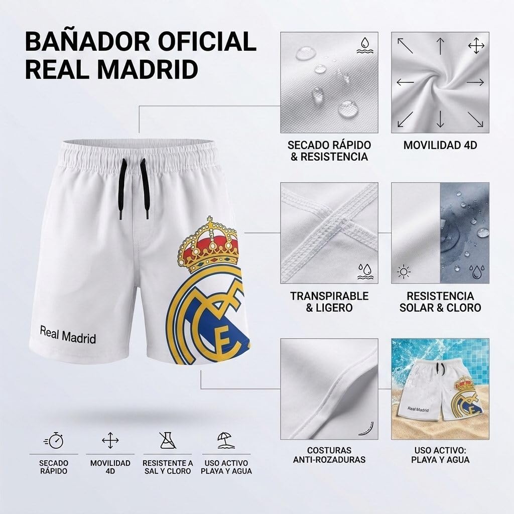 Maillot de Bain garçon Real Madrid - Maillot garçon Real Madrid Plage et Piscine - Séchage Rapide, Résistant au Chlore