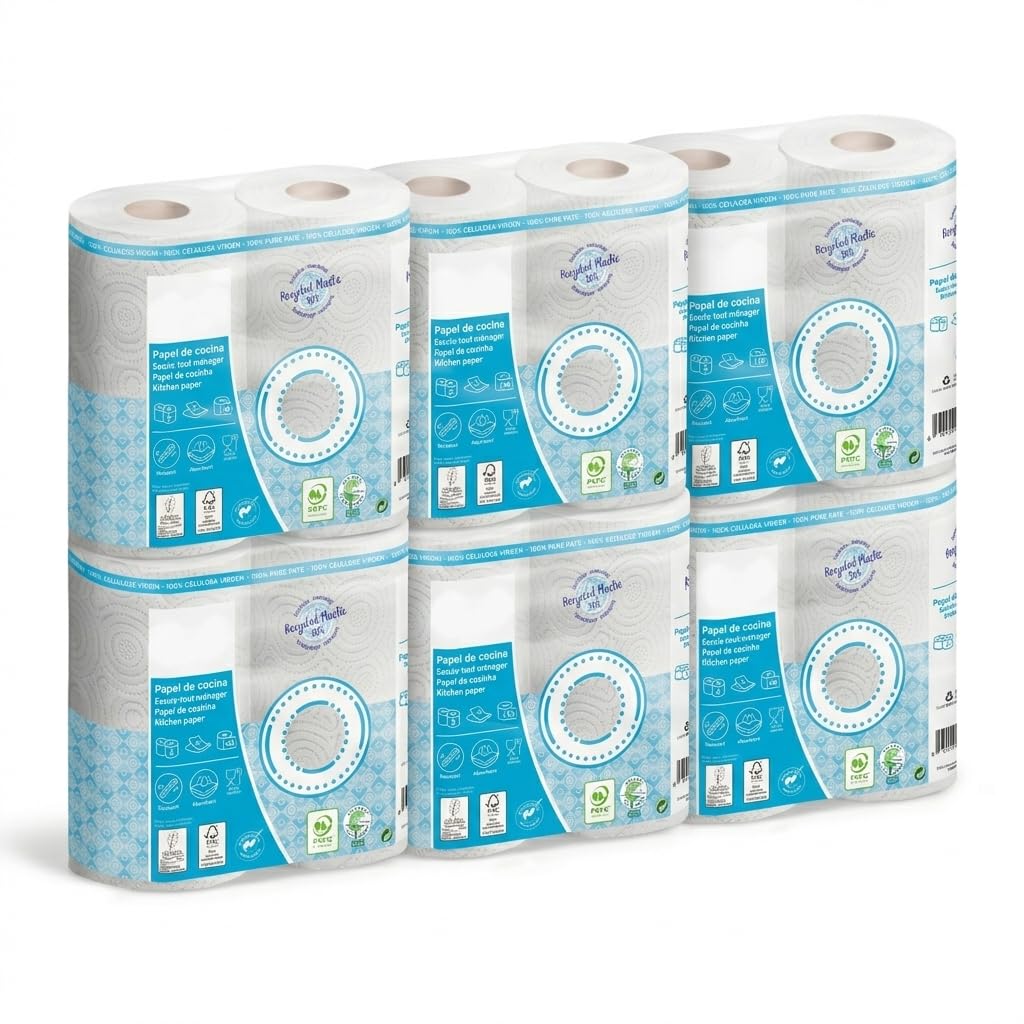 Pack 24 Rollos Papel de Cocina Pasta Virgen 2 Capas Gofrado 90 Servicios 21,6 m Mandril 43 mm Ecolabel FSC Food Contact Papel Absorbente para Cocina y Uso Profesional