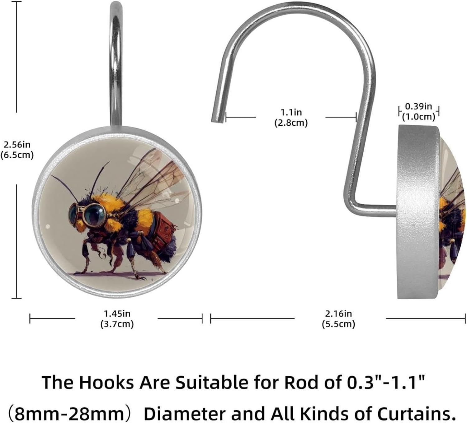 Shower Curtain Rings, Stainless Steel Glass Resin Shower Curtain Rod Hooks, Bee (40) Curtain Rod Hooks for Bathroom, Bedroom, Farmhouse Decor, Set of 12