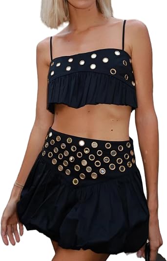 2 Piece Skirt Sets for Women Sleeveless Crop Top and High Waisted Mini Skirts Circle Hole Bubble Skirt Summer Set