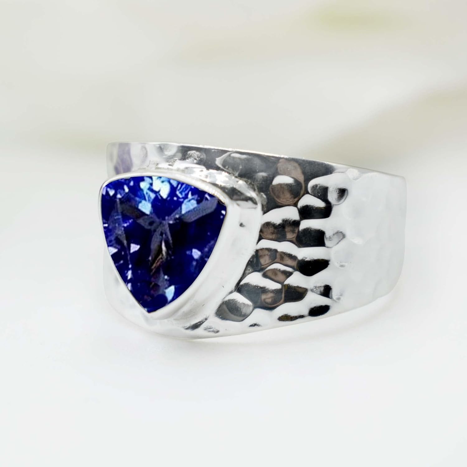 Handmade Tanzanite Ring Natural Gemstone Jewelry Solid 925 Sterling Silver Ring for Women Textured Designer Band Ring Trillion Tanzanite Ring Birthday Best Gift for Her
