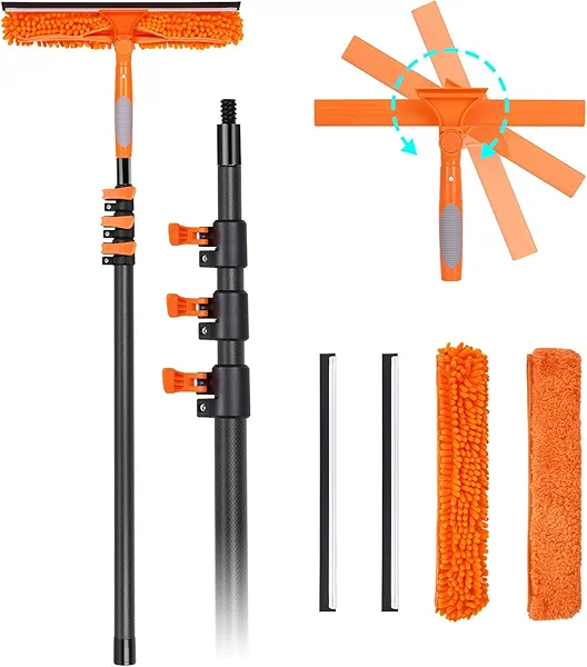 Msnaile Window Squeegee with Carbon Fiber Extension Pole for Home, 3.5 to 12Ft Window Cleaning Kit Tool Outdoor, Lightweight Professional Window Washing Kit with Rotatable Head & 2 Scrubbers, 2 in 1