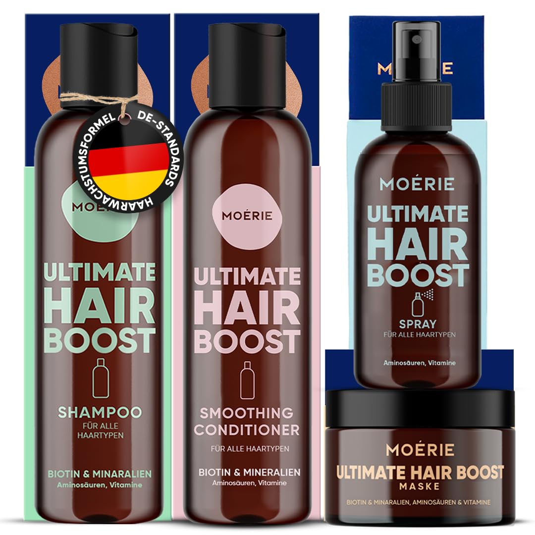 MOERIE Shampoo Set - gegen Haarausfall, Conditioner, Haarwachstum Serum & Haarmaske - natürlich Haarwachstum beschleunigen - Veganes Haarwuchsmittel Frauen & Männer - 77 Mineralien (4er-Set)
