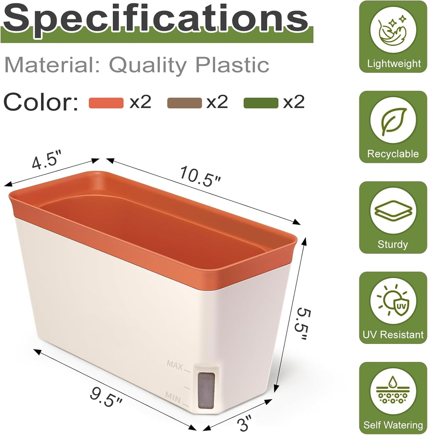 OurWarm Self Watering Pots for Indoor Plants, 6 Pack 10.5 Inch Plastic Window Herb Planter Box with Water Level Indicator, Modern Decorative Windowsill Planters for Herbs, Flowers, Seedlings