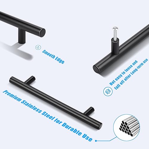 Miniatura 5 de KNOBWELL Paquete de 25 tiradores negros mate de 5 pulgadas, manijas negras estilo europeo para gabinete y armario, tiradores negros de acero