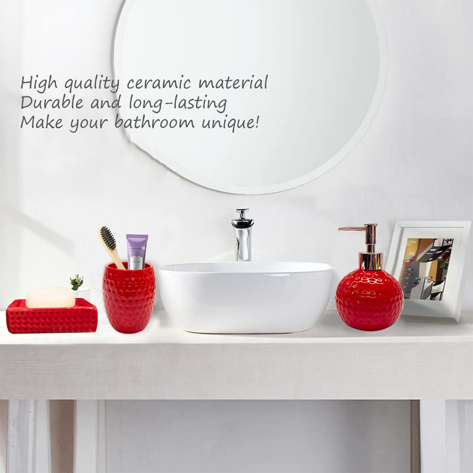 Juego de accesorios de baño de cerámica roja de 4 piezas con soporte para cepillo de dientes, dispensador de loción, jabonera, taza