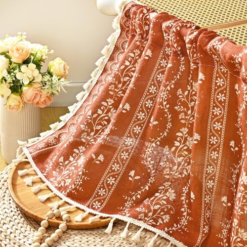 Image of Yinhua Boho Valance Curtains Vintage Linen Orange Kitchen Valances for Windows Light Filtering Bohemian Floral Valance Rod Pocket Farmhouse Tassel Window Valances for Bathroom Cafe, 52 inch W X 18 inch L