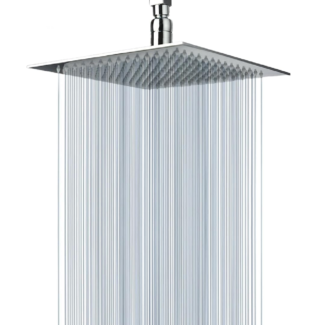 Gusto Coherence Large Rainfall Shower Head - 8 inch Square, Fixed Overhead Showerhead with Angle Adjustment - Stainless Steel with Chrome Finish - Standard Fitting, Easy Replacement（Silver