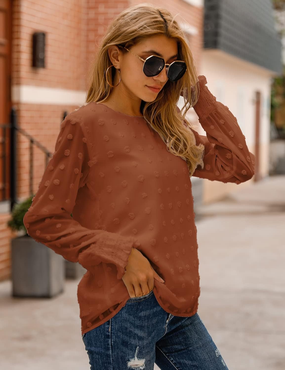 Blooming Jelly Womens Chiffon Blouses Elegant Lantern Long Sleeve Round Neck Top Pom Pom Shirts