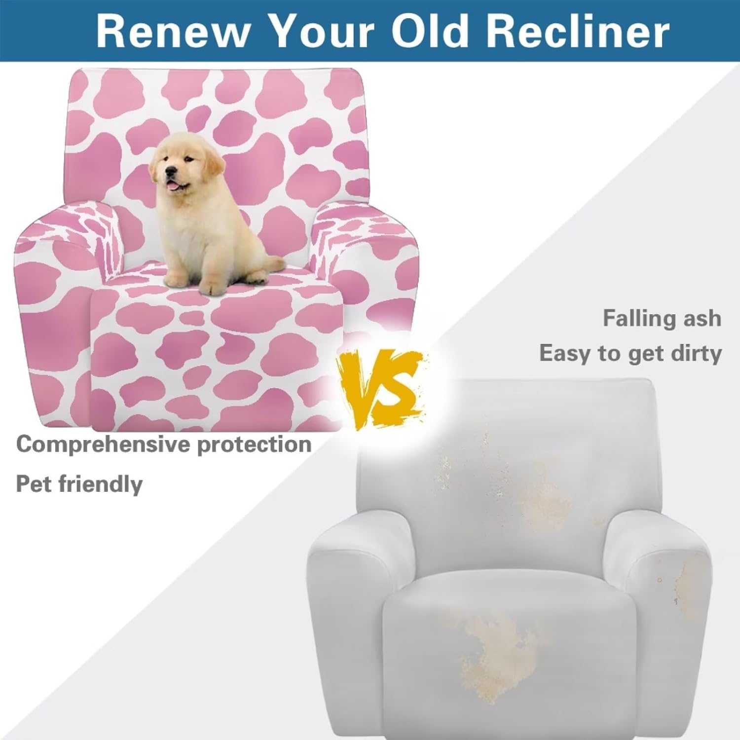 Pink Cow Print Recliner Covers That Stay in Place Chair Arm Covers Protectors Lazy Boy Recliner Covers Fitted Non Slip Reclining Slipcovers for Pets Kids Soft Stretchy Reclining Couch Covers
