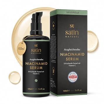Satin Naturel Niacinamide Serum 100 ml – Gesichtsserum Gegen Unreinheiten & Überschüssiges Öl – Mit Niacinamid Vitamin C & Bio Aloe Vera – Für Verfeinerte Poren – Vegan & Naturkosmetik