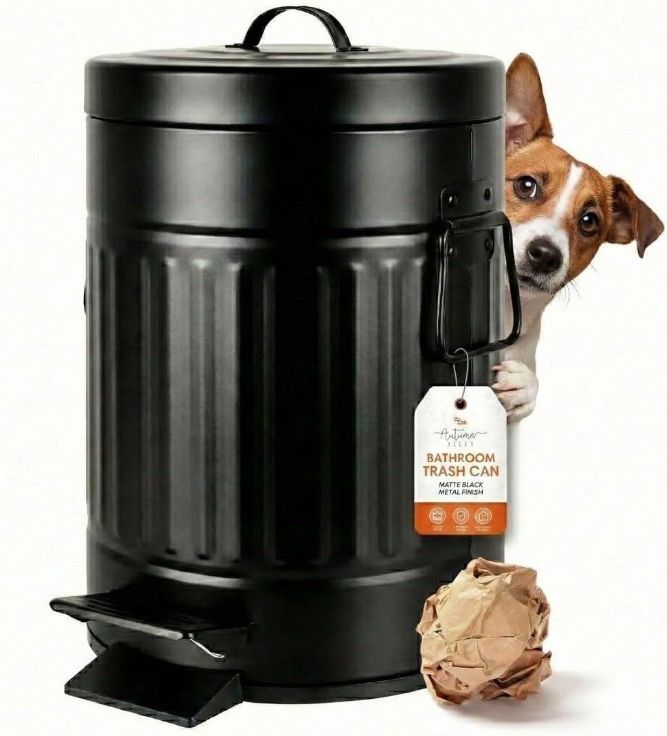 Autumn Alley Small Farmhouse Bathroom Trash Can, Pet Proof Matte Black Trash Can with Lid for Rustic Bathroom, Farmhouse Kitchen Step Waste Bin, Retro Metal Wastebasket 5L/1.3 Gal.