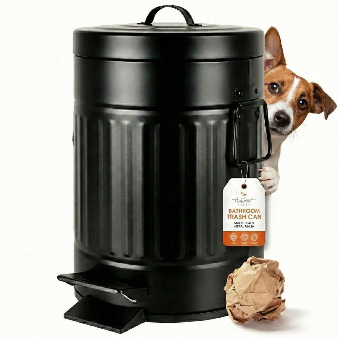 Autumn Alley Small Farmhouse Bathroom Trash Can Pet Proof Matte Black Trash Can with Lid for Rustic Bathroom