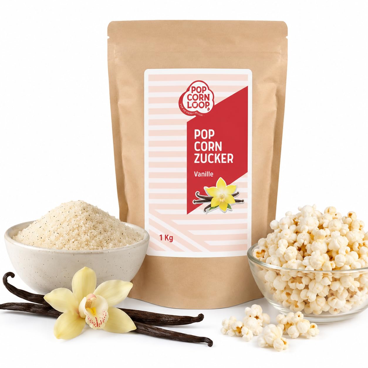 Popcornloop Sucre popcorn vanille 1000 g avec bourbon vanille sucre vanilline popcorn maïs épice pour affiner la cuisson dessert céréales yaourt 1.00 kg(Lot de 1)