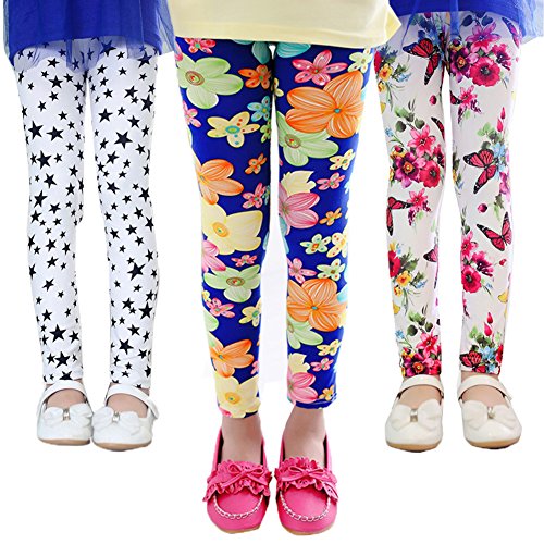 Z-Chen 3 Pares de Pantalones Leggings para Niñas Chicas Estampado de Flores, 5 Años