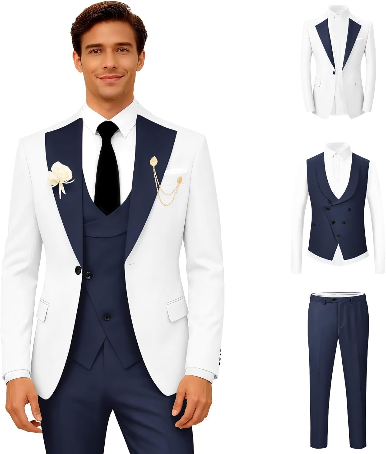 Wangyue 3 Piece Mens Tuxedo Suit Slim Fit Tuxedo for Men Double Breasted Wedding Prom Suits Blazer Vest Pants Sets 2026 - Image 4