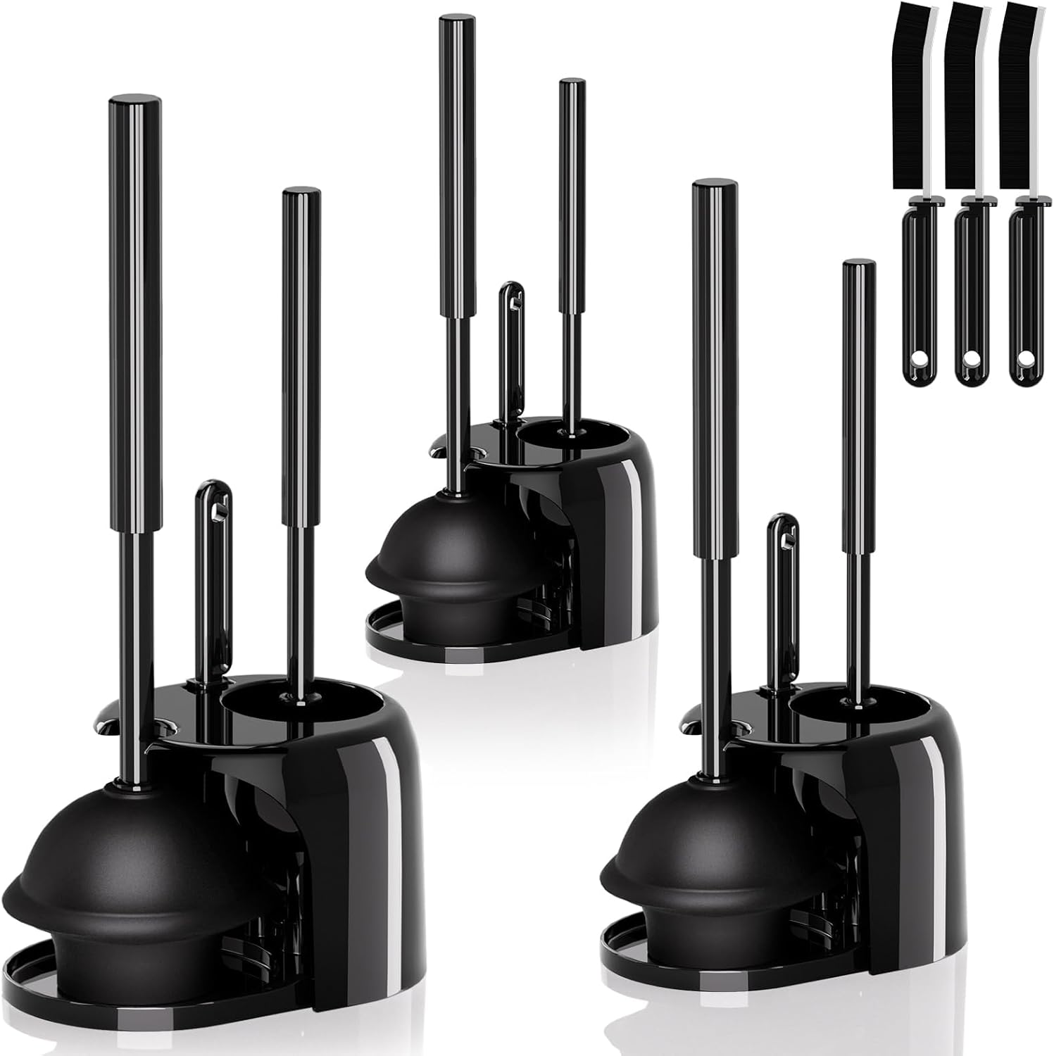 3PACK 3 in 1 Toilet Brush and Plunger Set with Crevice Cleaning Brush, Toilet Plunger and Brush Set with Extra Long Handle, Plungers for Bathroom Accessories, Abrasive Spiral Brushes Black