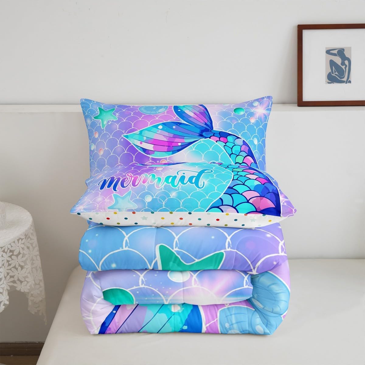 Little Mermaid Queen Rainbow Scales Comforter Set - Mermaid Printed Pattern Bedding Comforter Set for Toddler Kids' Bedroom, Ocean Life Duvet Insert for All Season