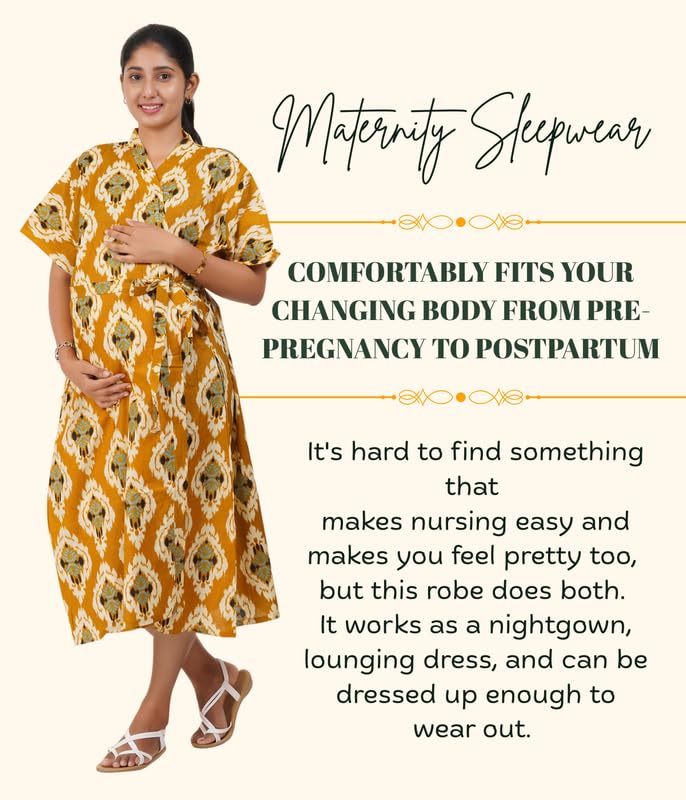Image of MENMAII Cotton Feeding Robe for Women | Soft Breathable Maternity & Nursing Wear | Front Open Easy Feeding Access | Comfortable Nightwear for New Moms|Calf Length [Size: L,XL,XXL,3XL /FS]