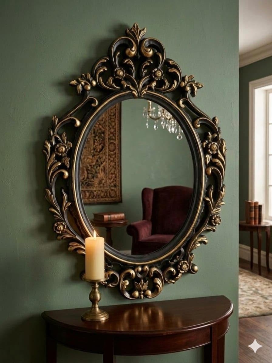 elegant vintage wooden framed oval wall mirror hand carved floral design decorative accent mirror for living room bedroom dressing area foyer traditional home decoration (golden black)
