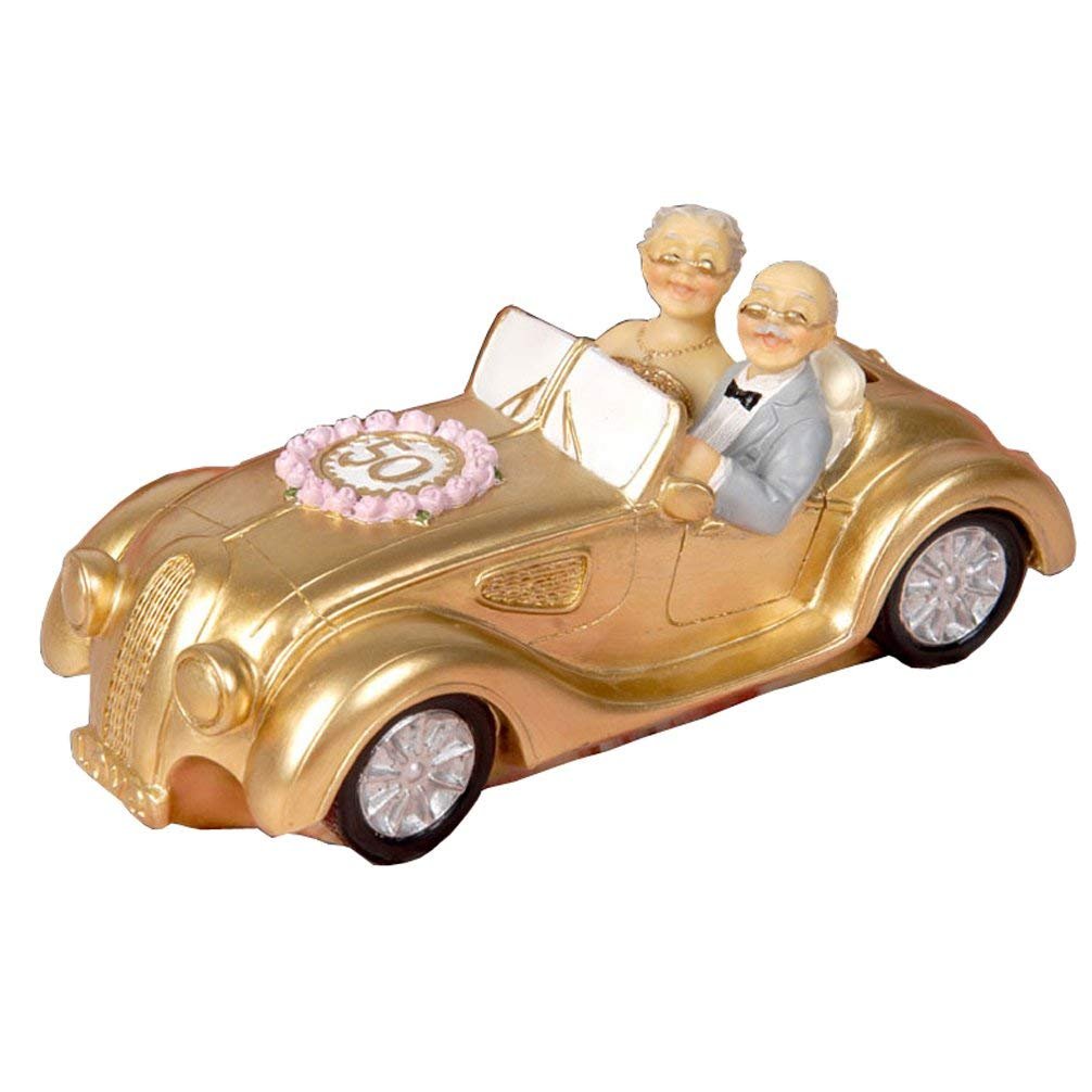 Polyresin Cake Toppers Golden Marriage Couples in A Golde Car 50th Anniversary Cake Topper Elderly Couple Figurines Collectibles Coins Bank for Parents Gift