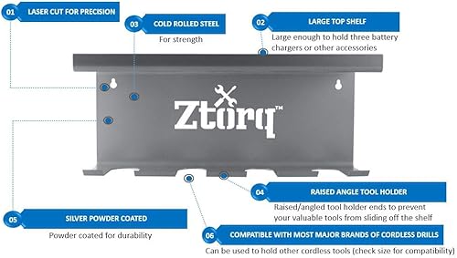 Miniatura 4 de Ztorq Organizador de herramientas de taladro inalámbrico soporte para taladro, estante de montaje en pared y estación de carga para optimizar la