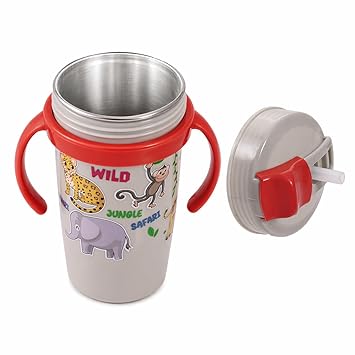 Nabhya Snoozy Stainless Steel Water Sipper Bottle, BPA-Free Multi Cartoon Design Baby Sipper Kids Water Bottle with Straw and Both Side Handle Sipper Bottle for Kids (White)