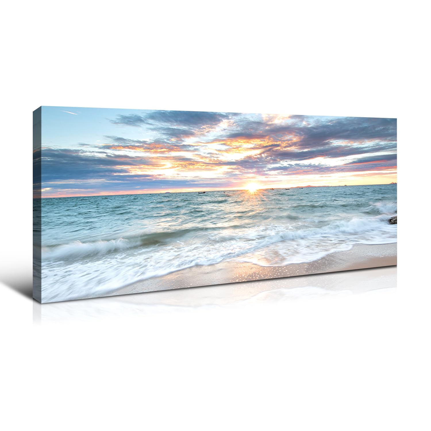 Wewejia Canvas Prints Wall Art, 40x20 Inch Beach Sunset Ocean Waves Nature Pictures Stretched Canvas Wooden Framed for Living Room Bedroom and Office
