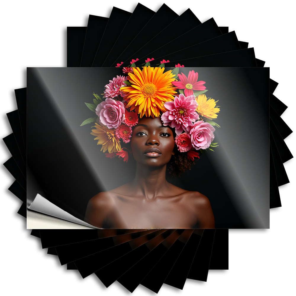 Saying - Cats Hard A Woman Adorned with Vibrant Flowers Against A Black Background for Water Sets(6X9CM)