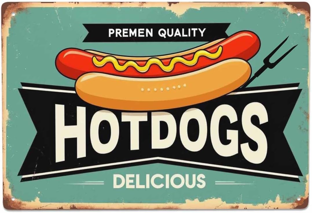 AOYEGO Hotdogs Tin Sign,Fast Food Delicious Restaurant Fork Bread Meat Sausage Vintage Metal Tin Signs for Cafes Bars Pubs Shop Wall Decorative Funny Retro Signs for Men Women 8x12 Inch