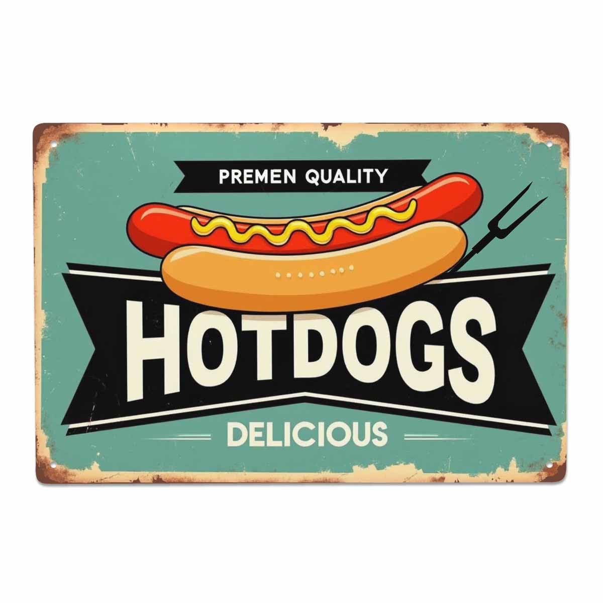 AOYEGO Hotdogs Tin Sign,Fast Food Delicious Restaurant Fork Bread Meat Sausage Vintage Metal Tin Signs for Cafes Bars Pubs Shop Wall Decorative Funny Retro Signs for Men Women 8x12 Inch