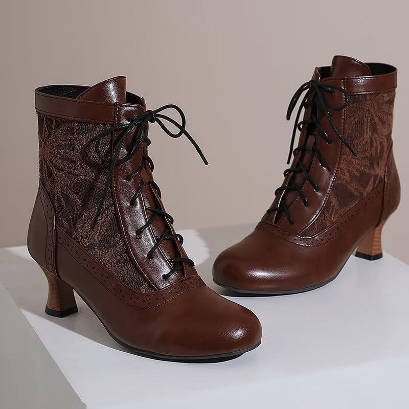Women Victorian Ankle Boots Witch Mid Calf Lace Up Boot Cosplay Costume Pirate Vintage Granny Booties Renaissance Round Toe Kitten Heel Boots - Image 7