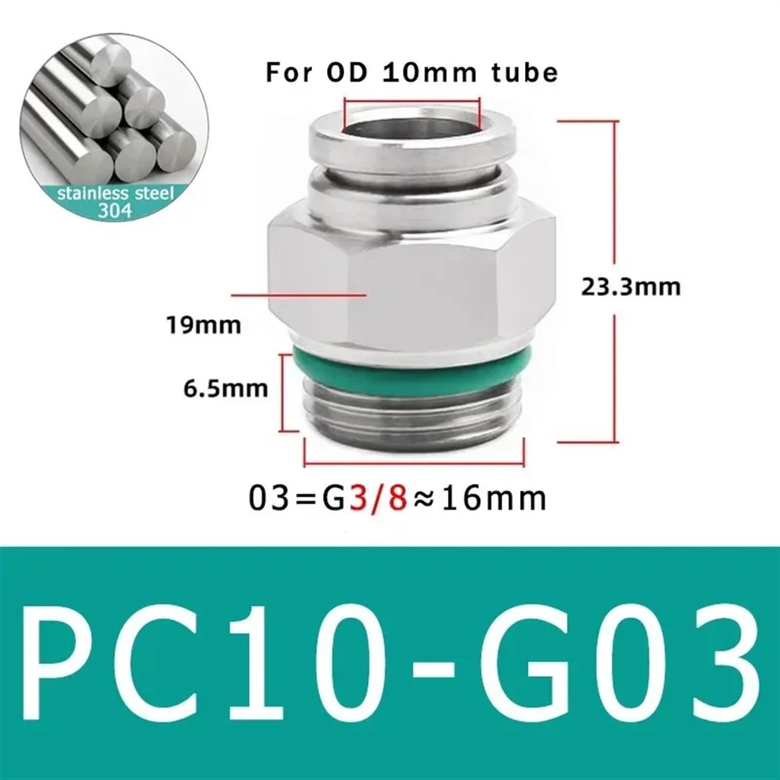 Conector de manguera de aire de acero inoxidable 304, conector de tubo neumático de rosca G for PC, 1/8, 1/4, 3/8, 1/2, M5, BSPT, acoplamiento rápido, 10 Uds.(Color:PC10-G03)